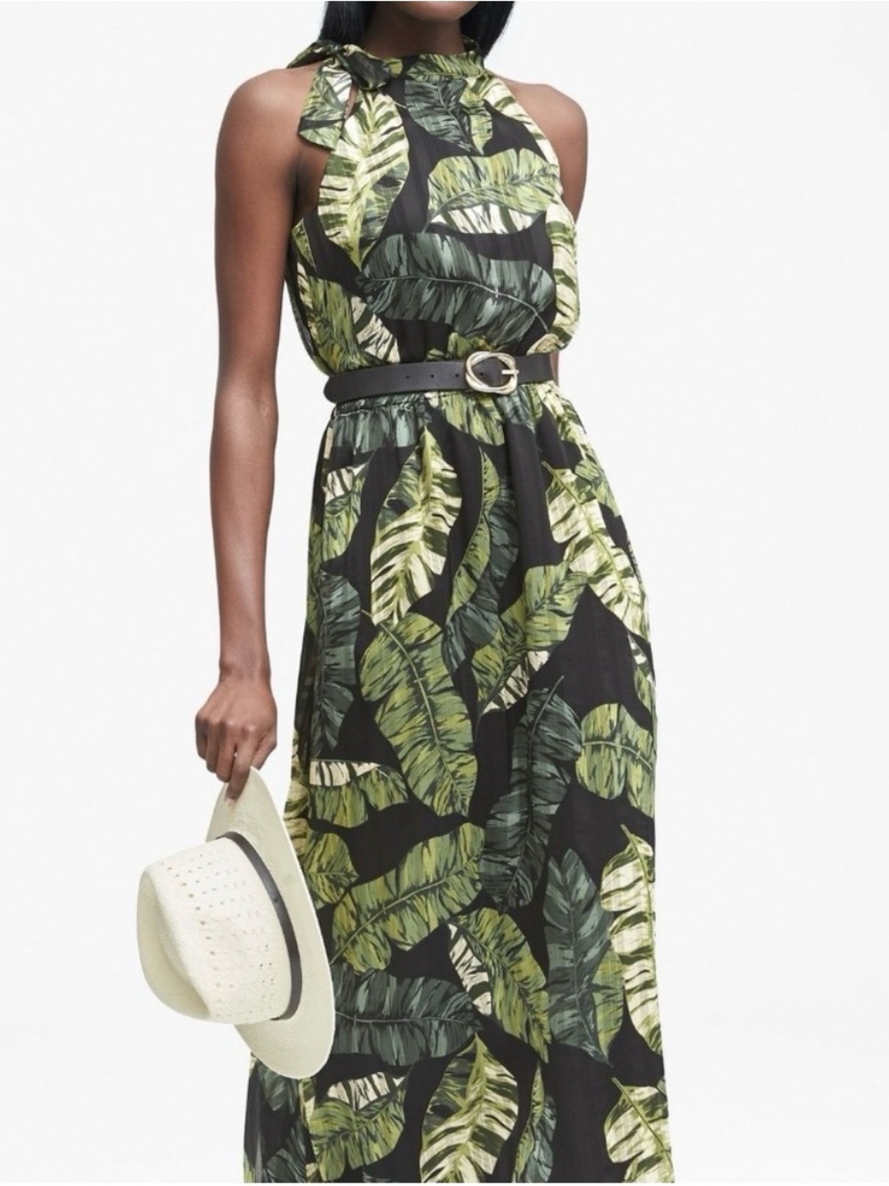 Banana Republic Black Maxi Dress with Green Tropical Leaf Print